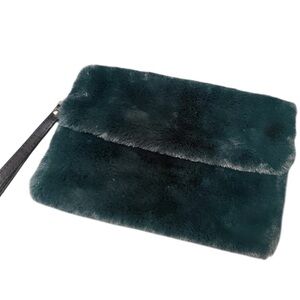 Faux Fur Purse Wristlet Deep Forest Green with Crossbody potential. EUC